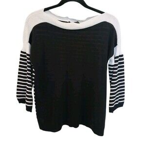 Mel & Lisa Black And Ivory Sweater Size Small 3/4 Stripe Sleeve Boatneck Cotton